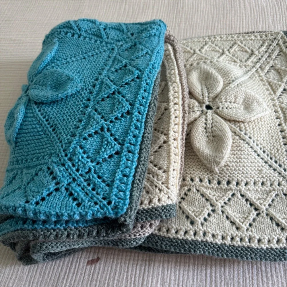 Handmade Knit Throw Blanket 66x66 Blue Grey Cream 3D Floral Granny Square SOFT!